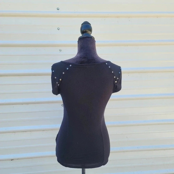 Rock & Republic Studded Womens S Scoop Neck Shirt Black Mesh Inserts - Picture 3 of 10